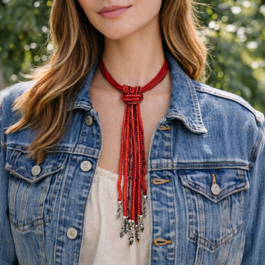 Multistrand Red Leather Choker W Beaded Strands Necklace 45$
